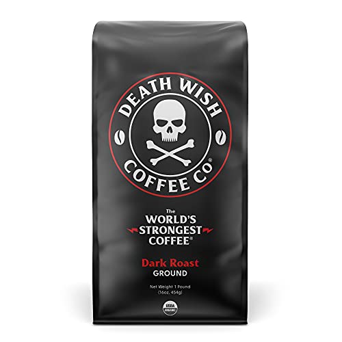 Death Wish Coffee Dark Roast Grounds - 16 Oz - The World's Strongest Coffee - Bold & Intense Blend of Arabica & Robusta Beans - USDA Organic Ground Coffee - Dark Coffee for Morning Boost